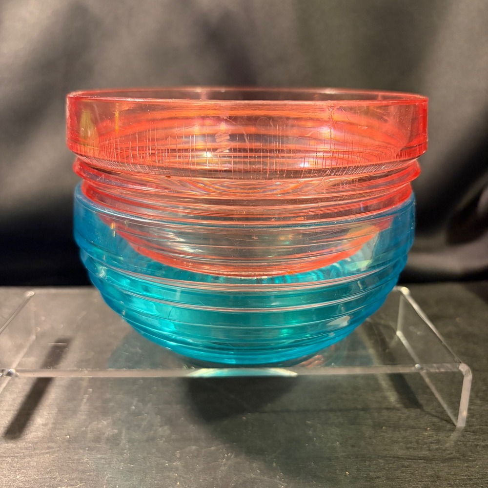 Vintage 1986 Majestic Ribbed Plastic Bowls Set of 2 Pink Teal Blue 5.25" Retro